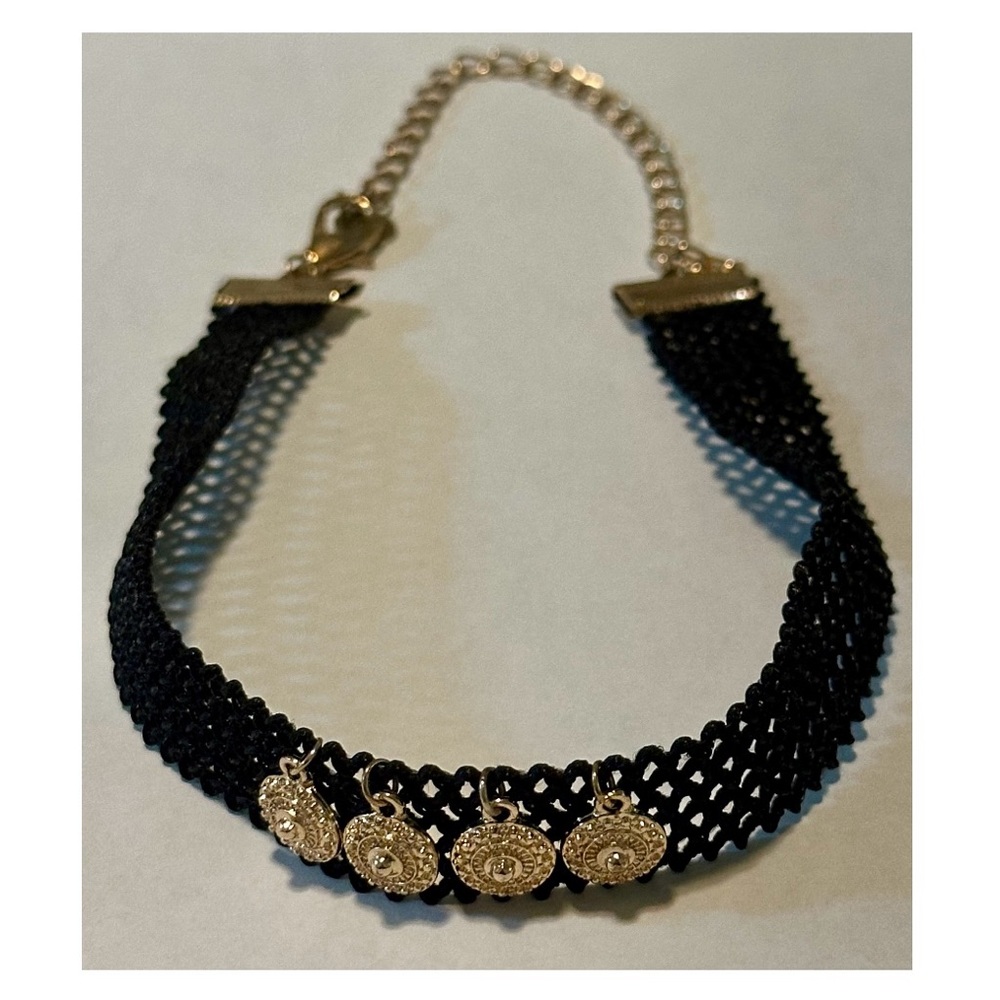 Elegant Black Lace Choker Necklace with Gold Coin Charms | Boho Gothic Gift